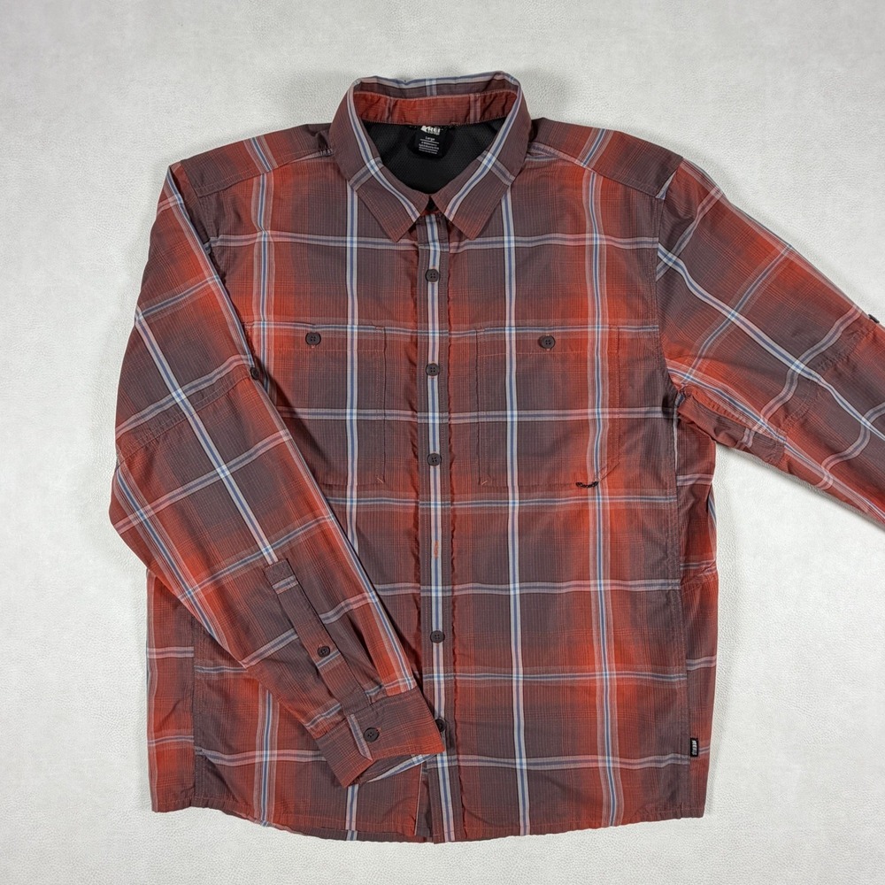 REI Co-op Mens Button Up‎ Sahara Pattern Long Sleeve Shirt Large Patch Pockets